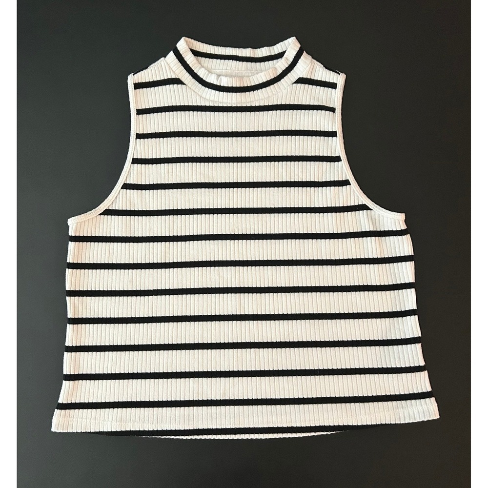 Old Navy XL Cody Mock Neck Sleeveless Ribbed Striped Tank Top Black White 1402